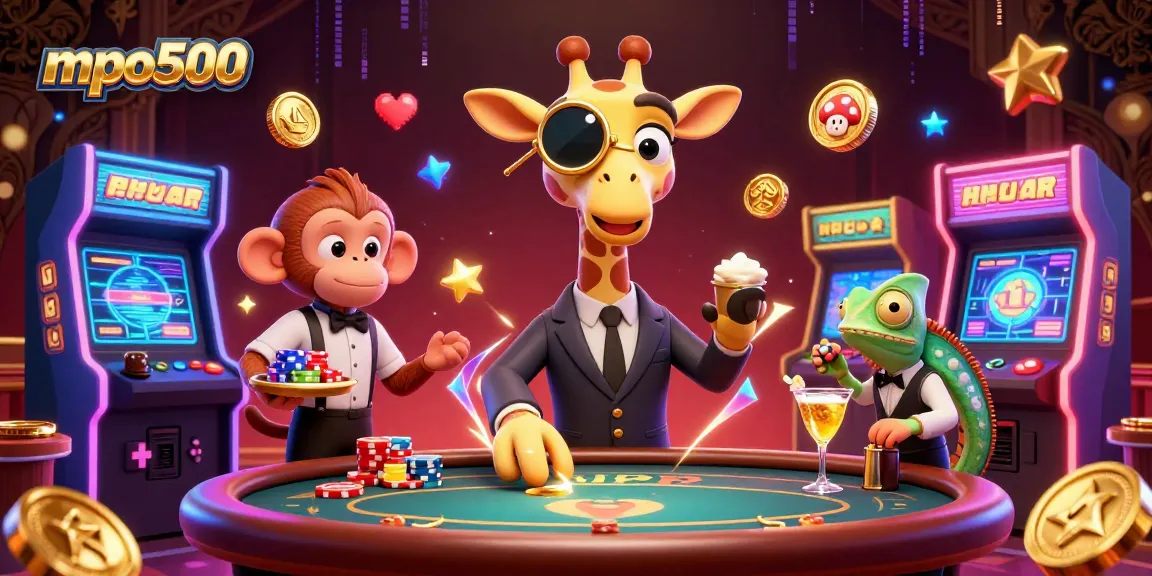 Experience mpo500 with a high-roller giraffe at a vibrant poker table amidst exciting casino elements.