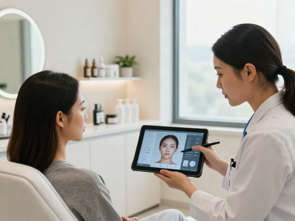 ClinicEvo vs QOVES facial analysis consultation in a modern clinic.