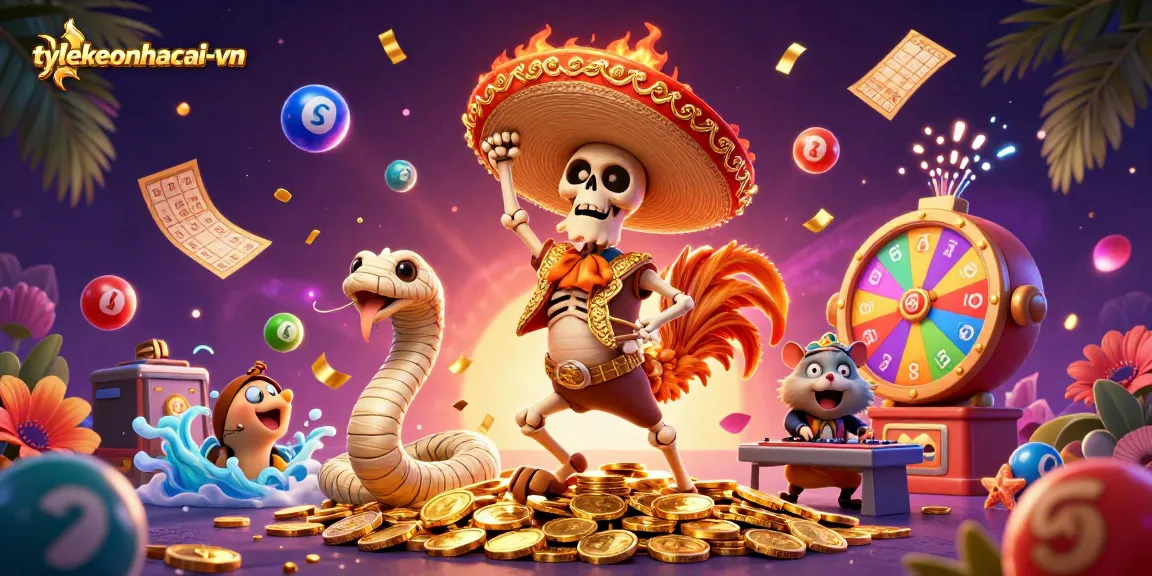 Play exciting games at tylekeonhacai-vn with our vibrant 3D casino illustration featuring thrilling characters.