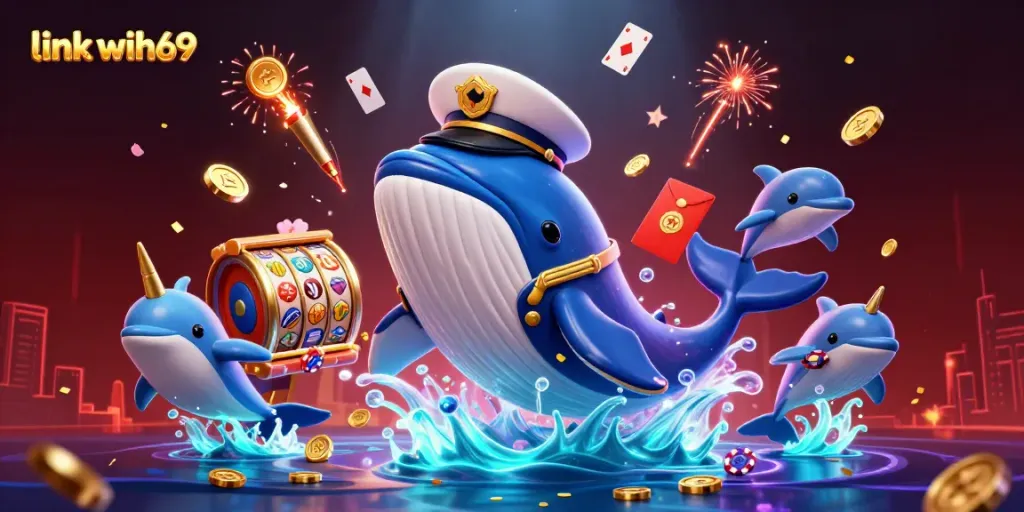 Permainan slot di link wih69 ditampilkan dengan paus raksasa, narwhal emas, dan lumba-lumba melakukan aksi.
