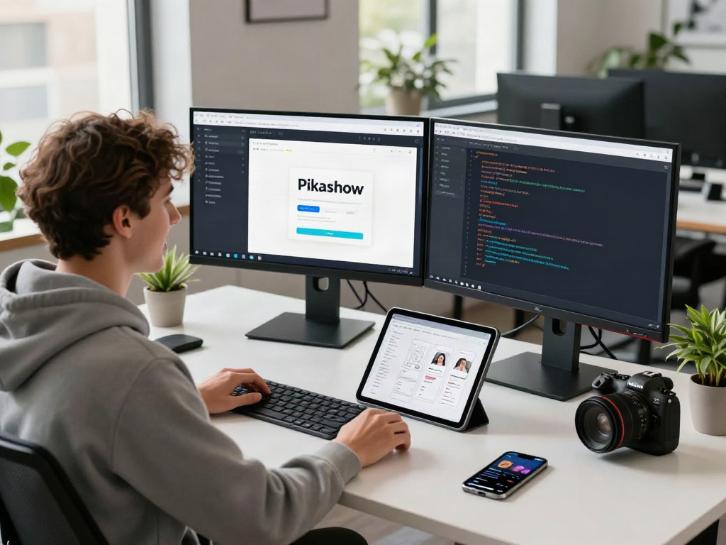 Pikashow apk download showcased in a vibrant tech workspace with a developer working on app code.