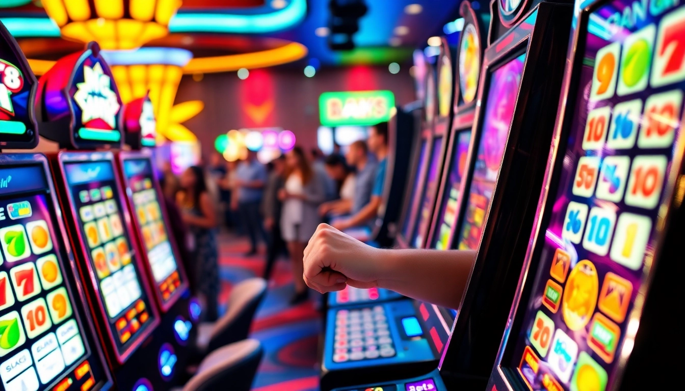 Engaging in slot gambling at a lively casino, showcasing vibrant machines and player excitement.