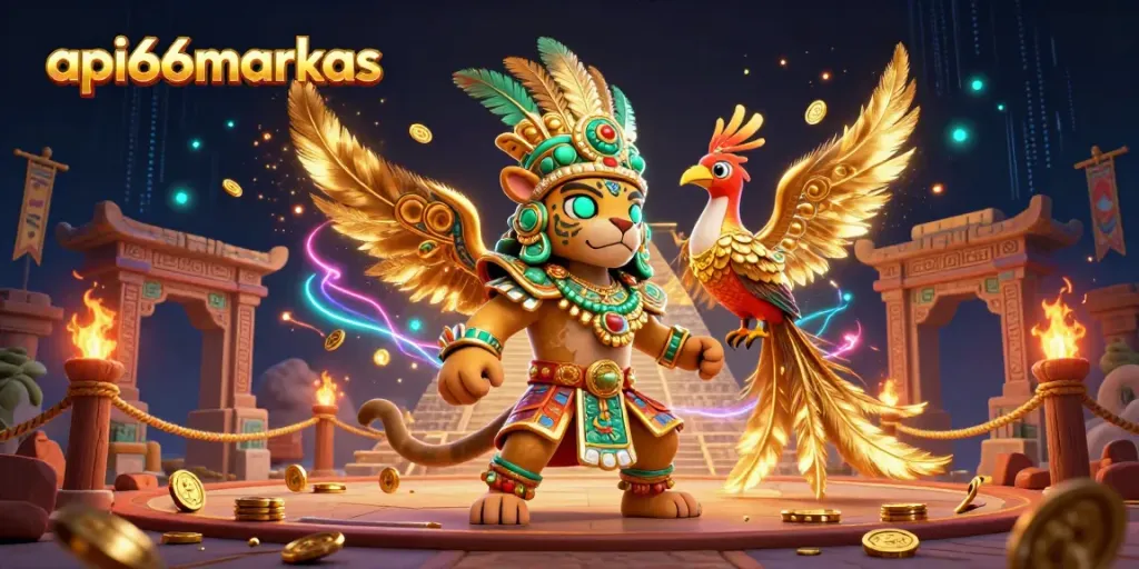 Engage in dynamic gameplay with api66markas featuring a Mayan jaguar priest and a quetzal bird in an immersive casino scene.