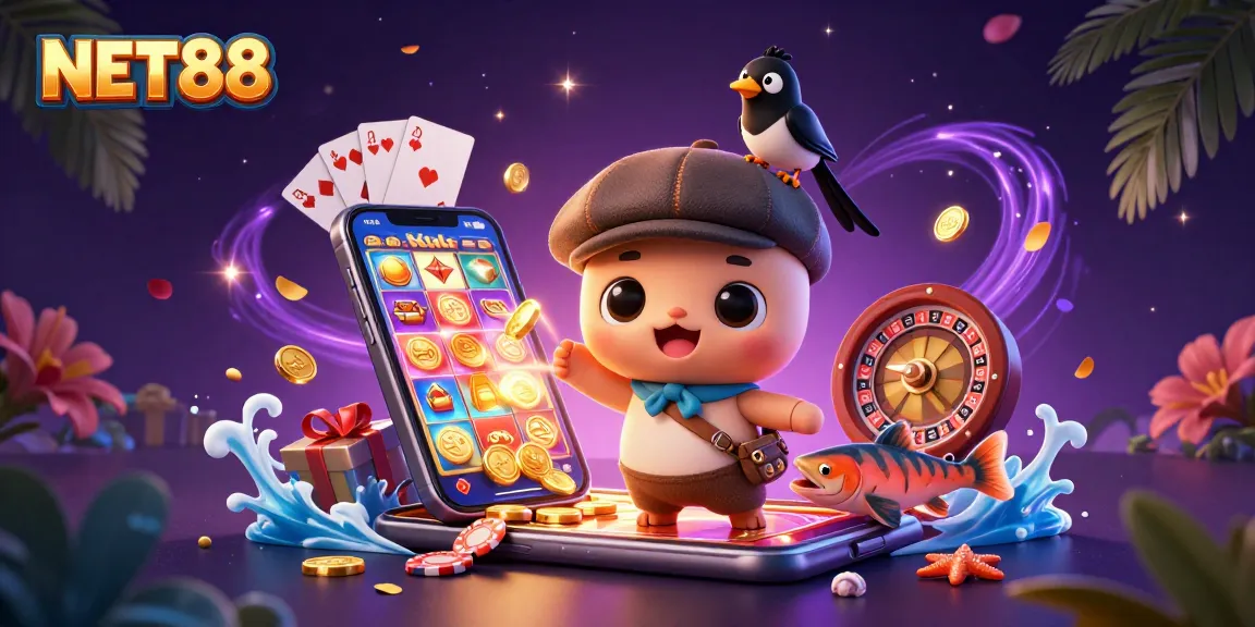 Engage in NET88’s thrilling casino world with adorable cartoon characters in a lively scene.