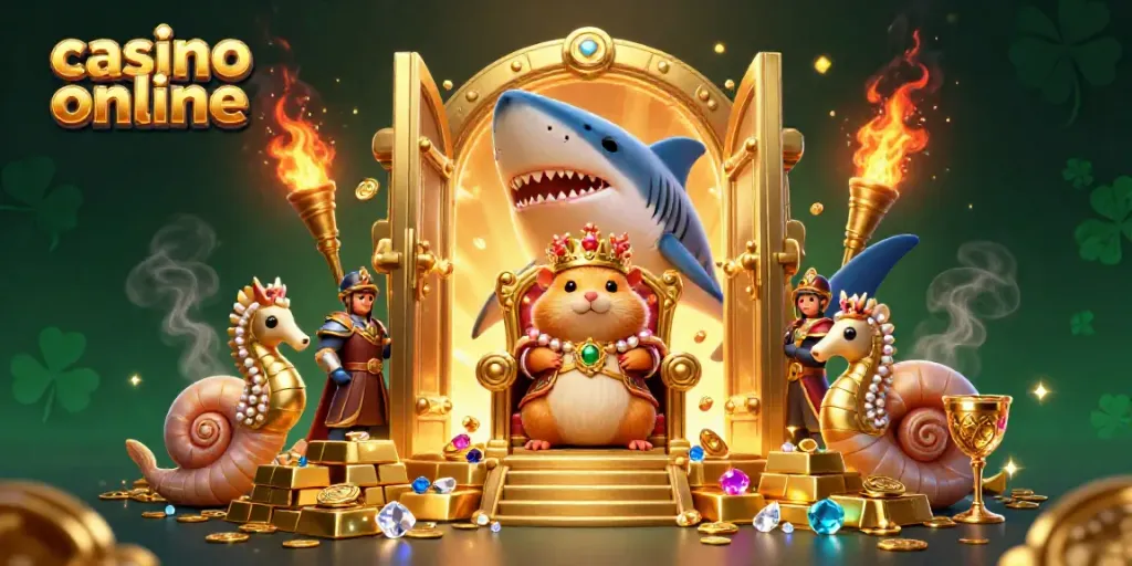 Experience vibrant riches at a casino online, featuring a golden hamster king on a megalodon throne.