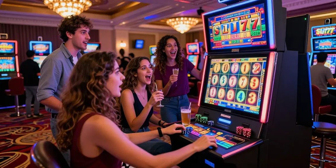 Excited friends playing SLOT777 for big wins in a vibrant casino setting