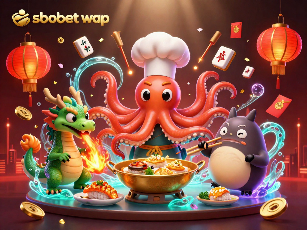 Engage with sbobet wap and immerse in vibrant casino action featuring a dynamic octopus chef, dragon, and tanuki.