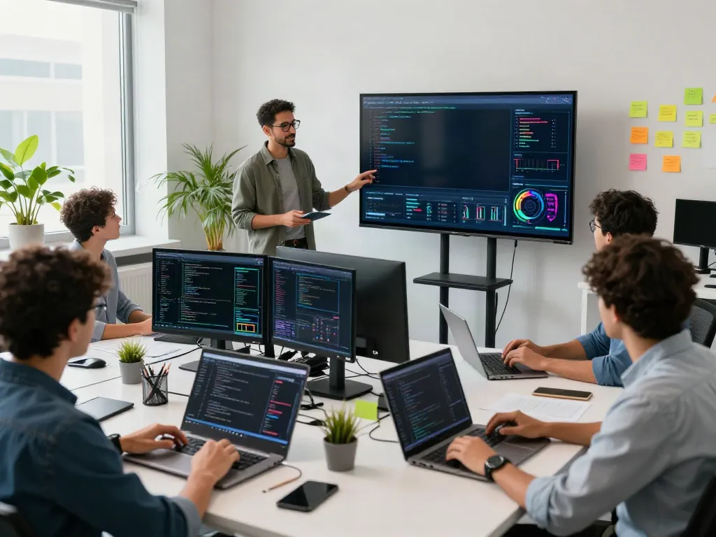 Team collaborating on GPU computing projects in a modern tech office.