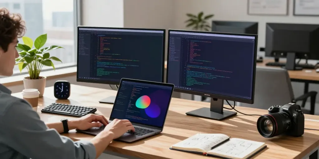 Developer engaged in instant indexing tasks at a modern workspace with dual monitors, showcasing code and productivity tools.