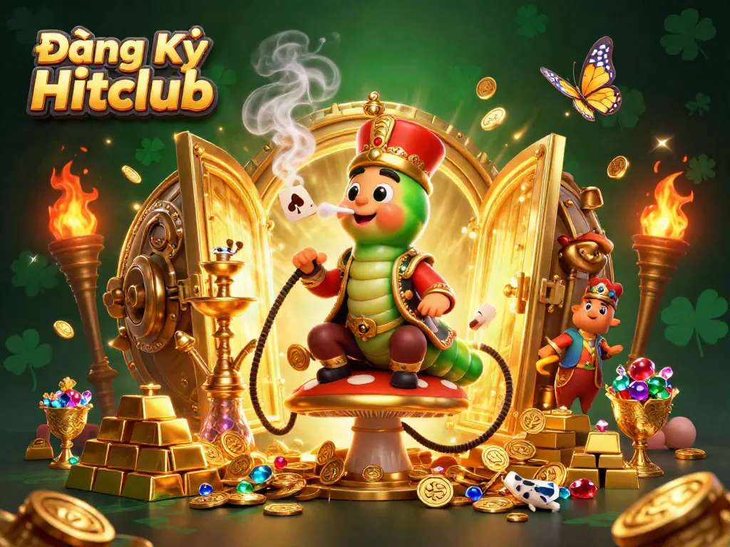 Engage with Đăng Ký Hitclub through a dynamic 3D casino scene with vibrant characters and sparkling treasures.