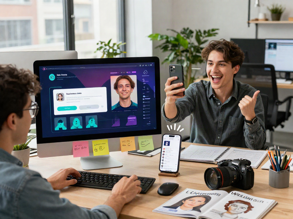 Young adult engaging with how old do I look app in a modern workspace