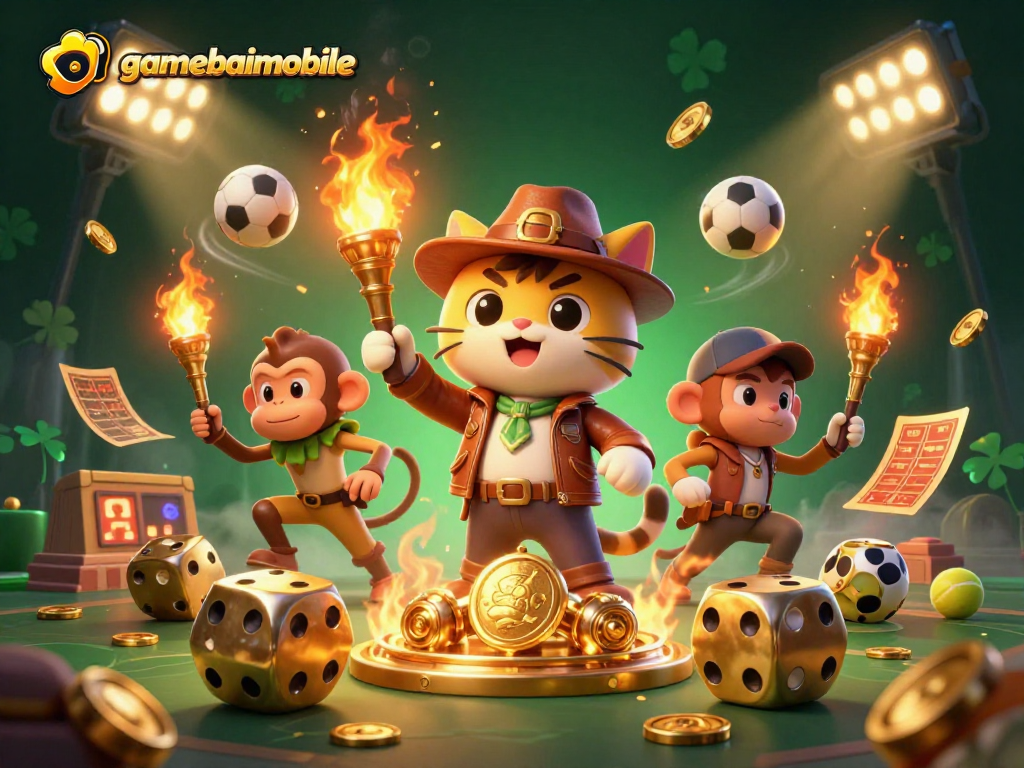 Experience excitement at gamebaimobile with a treasure-seeking cat and monkey in a dynamic casino setting.