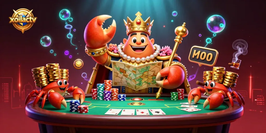 Xoilactv showcases a massive golden crab emperor leading a poker game with vibrant chips and cards.