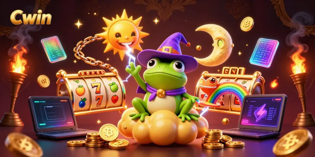 Join the Cwin casino adventure with a colorful wizard frog and chameleon amidst a storm of golden coins.