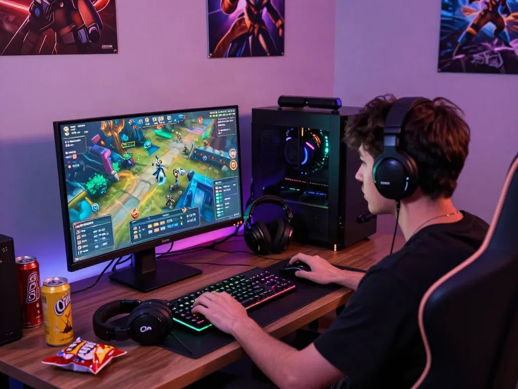 Gamer memainkan diana4d dengan antusias, perangkat gaming di sekitar meja.