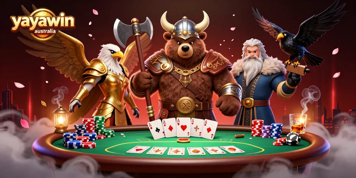Win big with Yayawin Australia in this vibrant 3D poker scene featuring epic characters.