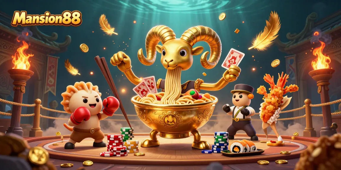 Mansion88 offers thrilling action with a giant ramen bowl dealer, vibrant casino elements, and engaging illustrations.