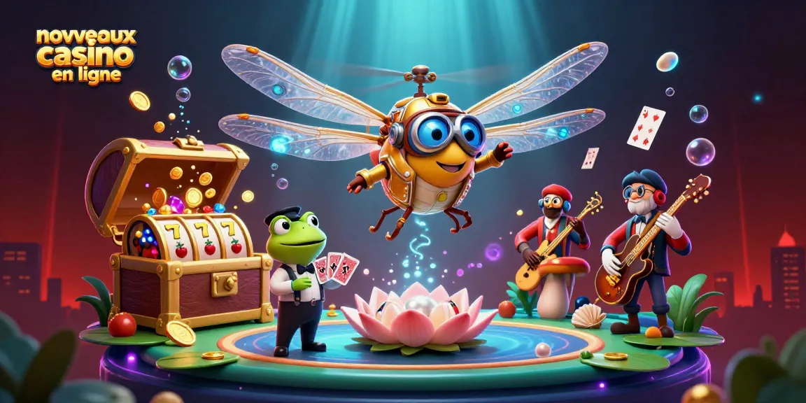 Visualisez les nouveaux casinos en ligne avec un pilote libellule, un croupier grenouille et des cartes flottantes.