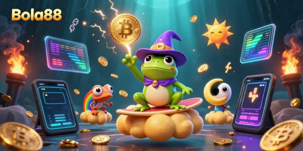 Bola88 brings excitement with a wizard frog and chameleon amidst swirling golden coins.