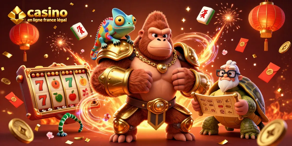 Une scène dynamique de casino en ligne France légal avec un gorille puissant, un caméléon et une tortue sur fond d'éléments de jeux en fête.