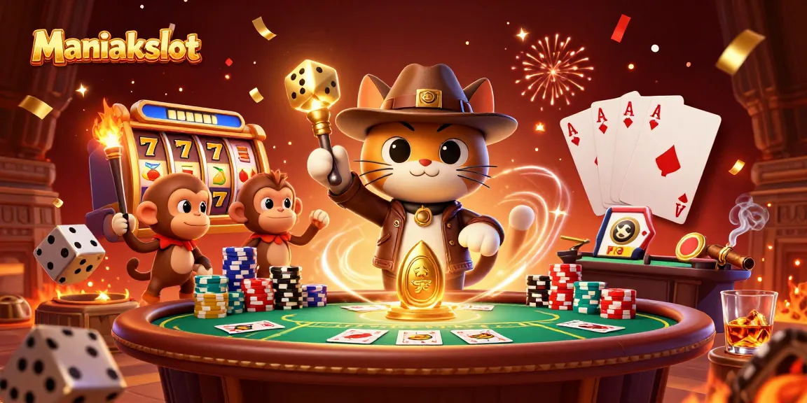Experience the thrill of Maniakslot with a treasure-hunting cat and dazzling casino elements.