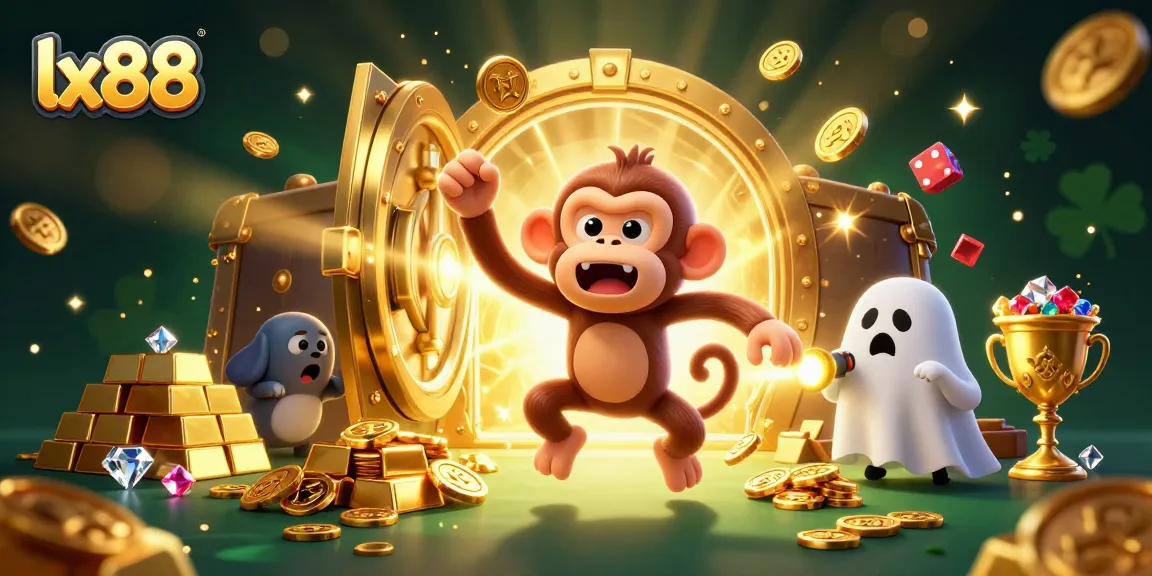 Experience the excitement of lx88 with a mischievous monkey juggling gold in a haunted casino.