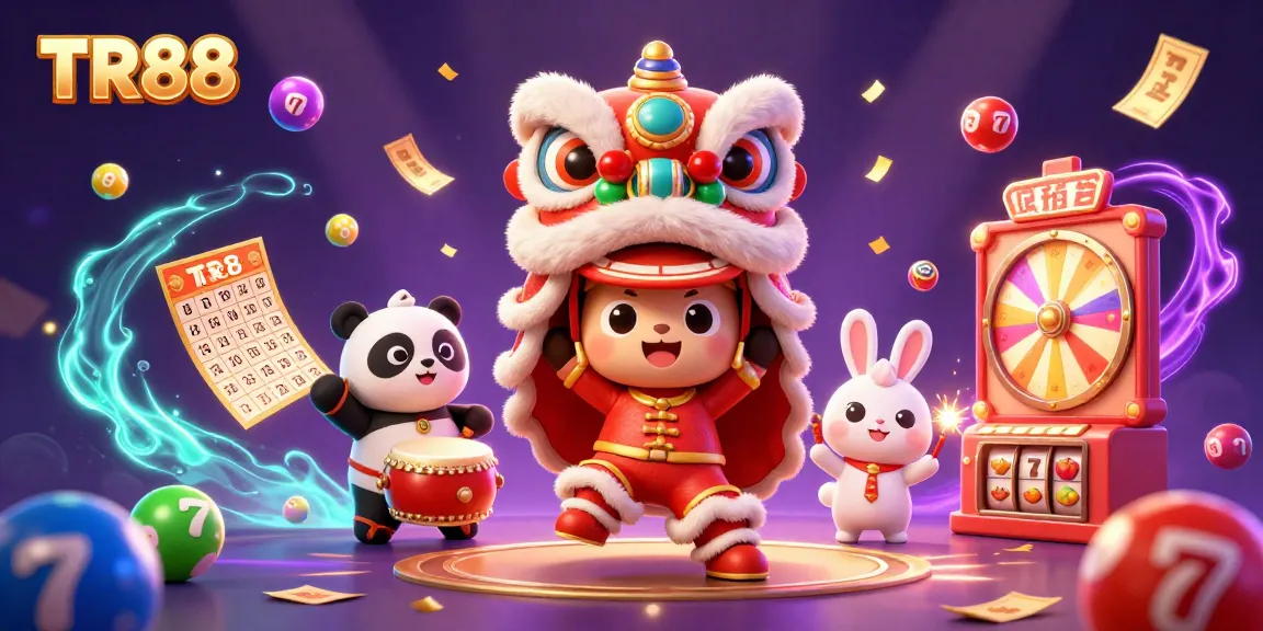 TR88-themed gambling illustration featuring a dynamic Chinese lion dance with characters, slot symbols, and joyful elements.
