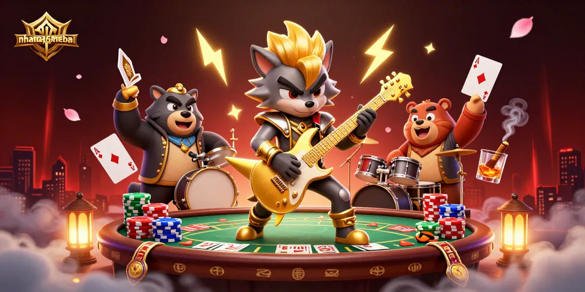 Engage in strategic gameplay and excitement with nhanquagamebai as a rock star wolf shreds on stage amidst casino elements.