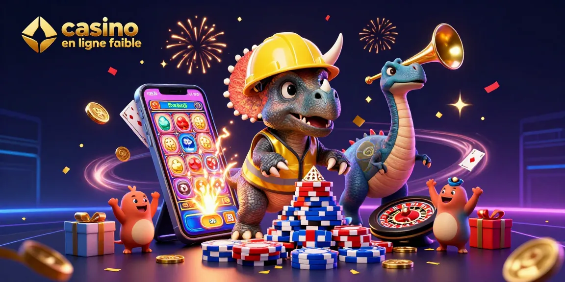 Rassemblement festif autour d'un casino en ligne fiable avec des personnages animés et des éléments de jeu.