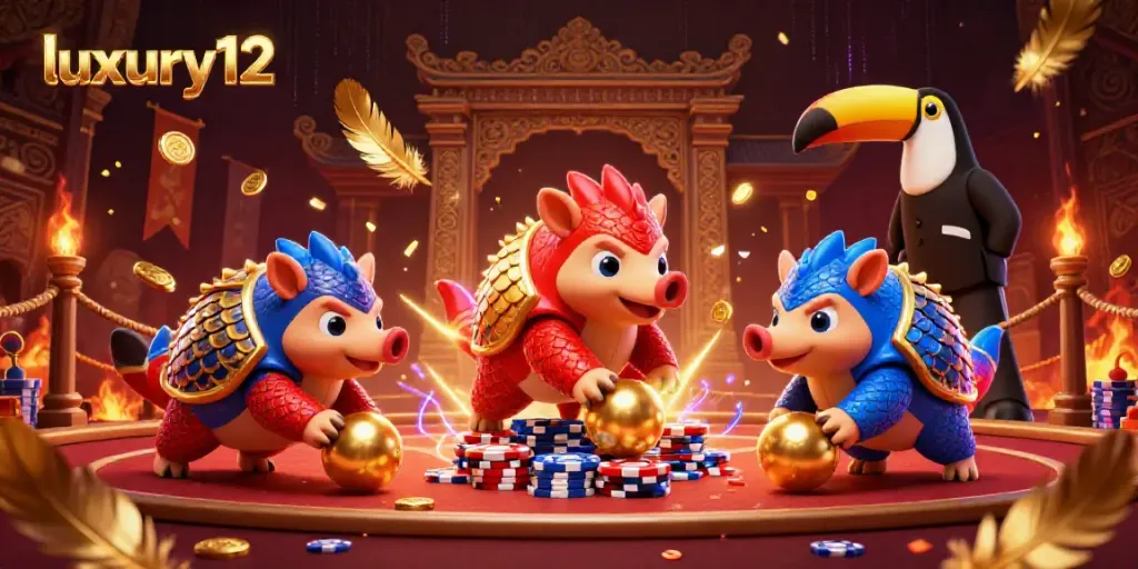 Experience thrilling action in luxury12 with rival pangolins competing in a vibrant casino scene filled with excitement.