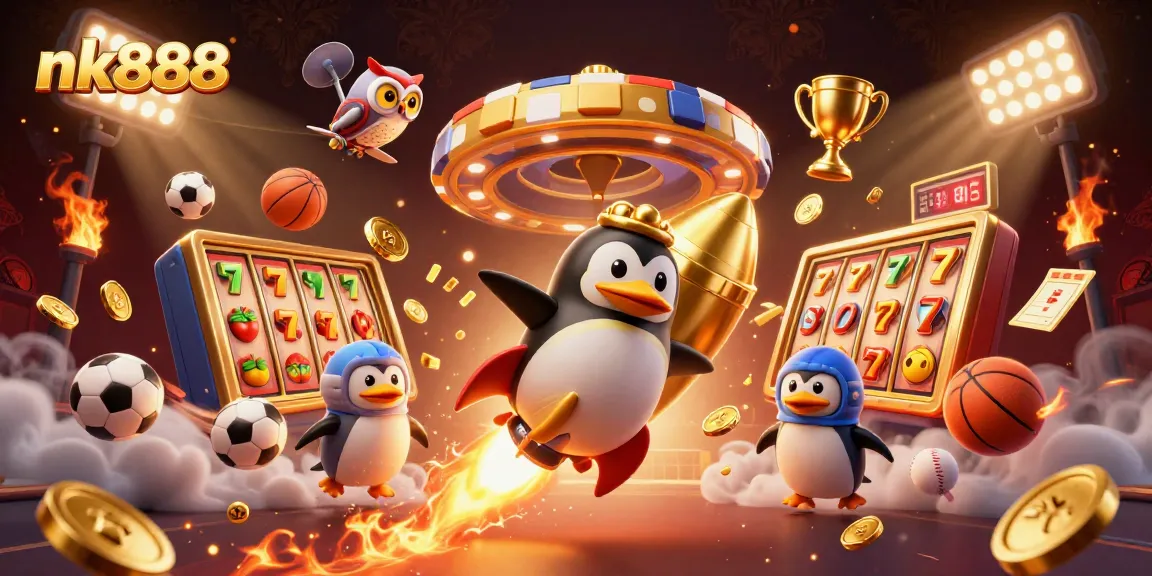 Engage with nk888 as the golden penguin races towards the poker chip casino, surrounded by jackpot elements.