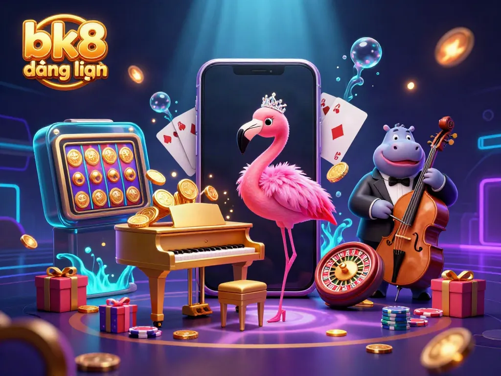 Engage with bk8 đăng nhập through a lively casino scene featuring a flamingo singer and hippo bassist.