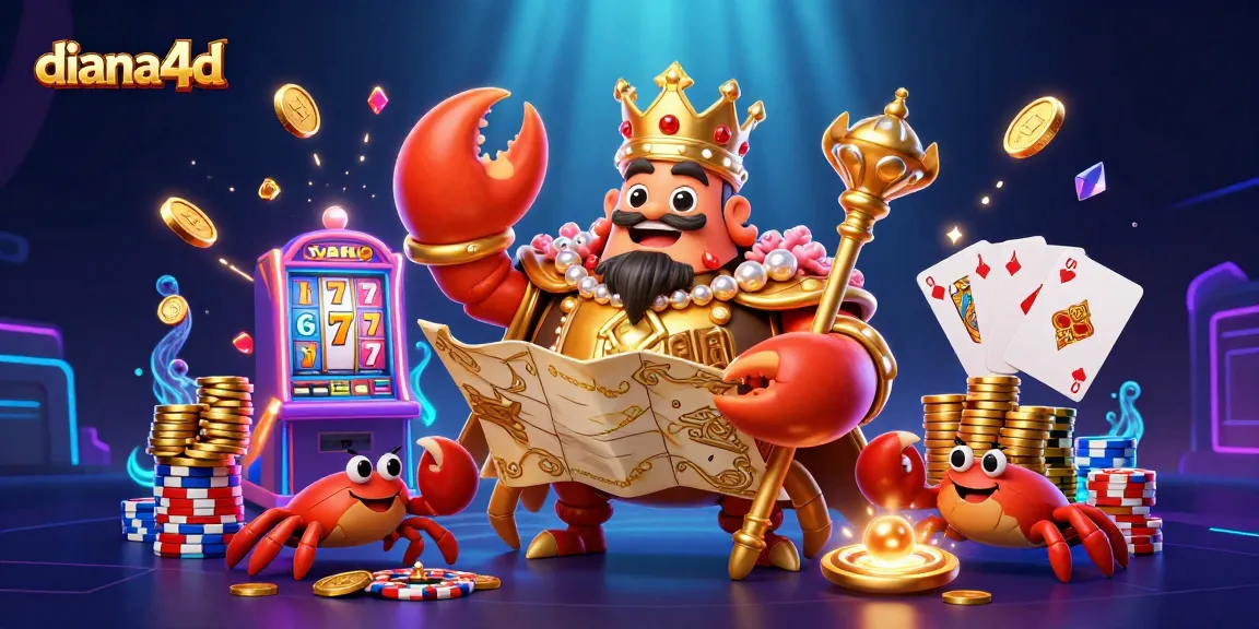 Engage with diana4d in this colorful illustration showcasing a golden crab emperor amidst casino treasures and lively game elements.