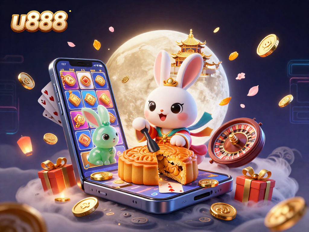 Experience the thrill of u888 with a vibrant moon rabbit scene surrounded by casino elements and festive touches.