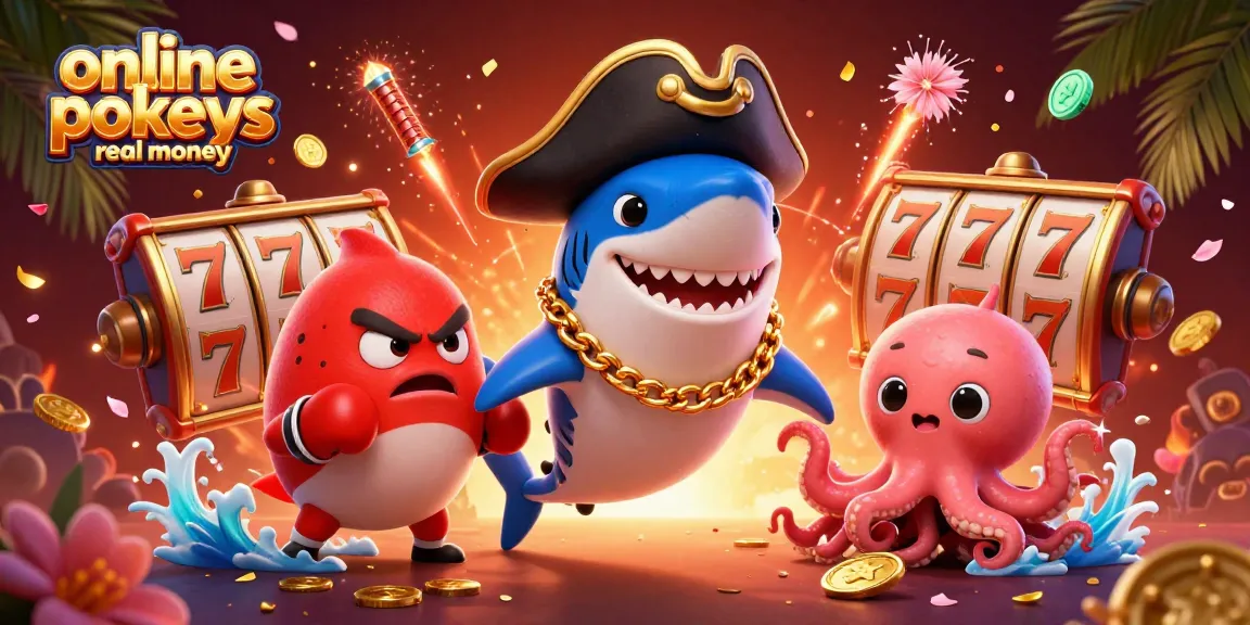 Engage in thrilling online pokies real money experiences with animated casino characters and festive elements.