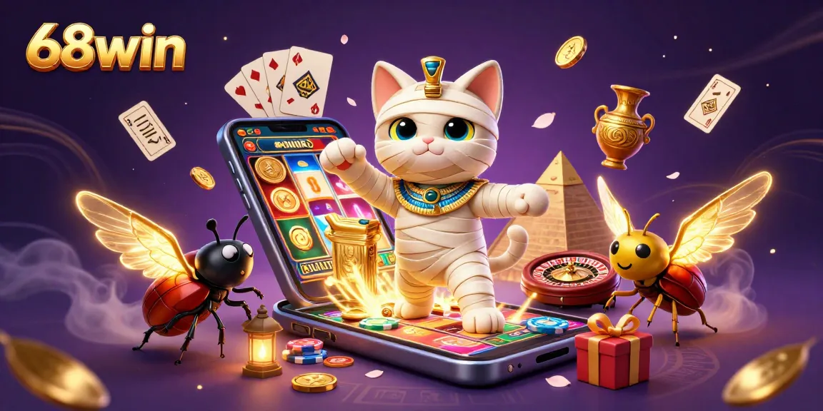 Experience the excitement of 68win with a thrilling casino adventure featuring a mummy cat and gold accents.