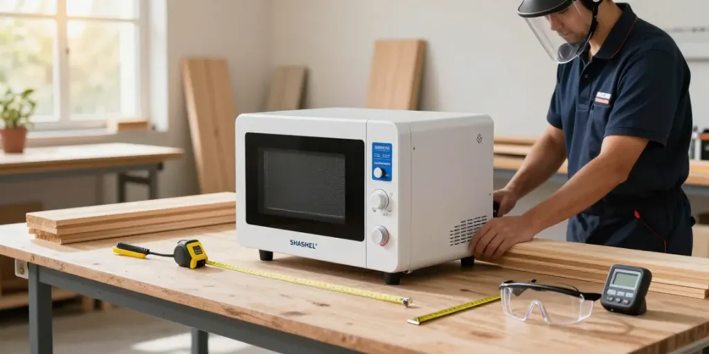 SHASHEL® technician operating microwave device for woodworm elimination in a modern workshop.