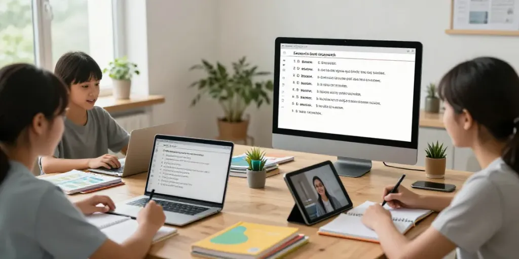Situs toto learning environment with diverse students engaging in interactive online English lessons.