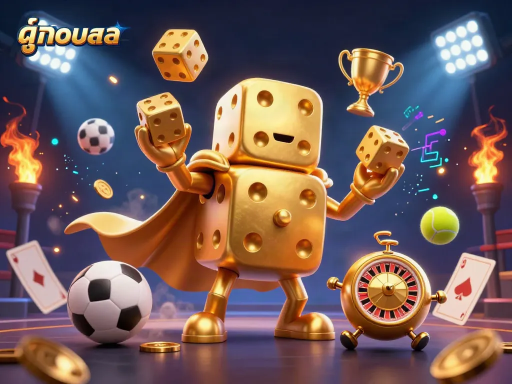 Experience ดูบอลสด in 4K quality with our dynamic, immersive digital illustration featuring golden dice and sports elements.