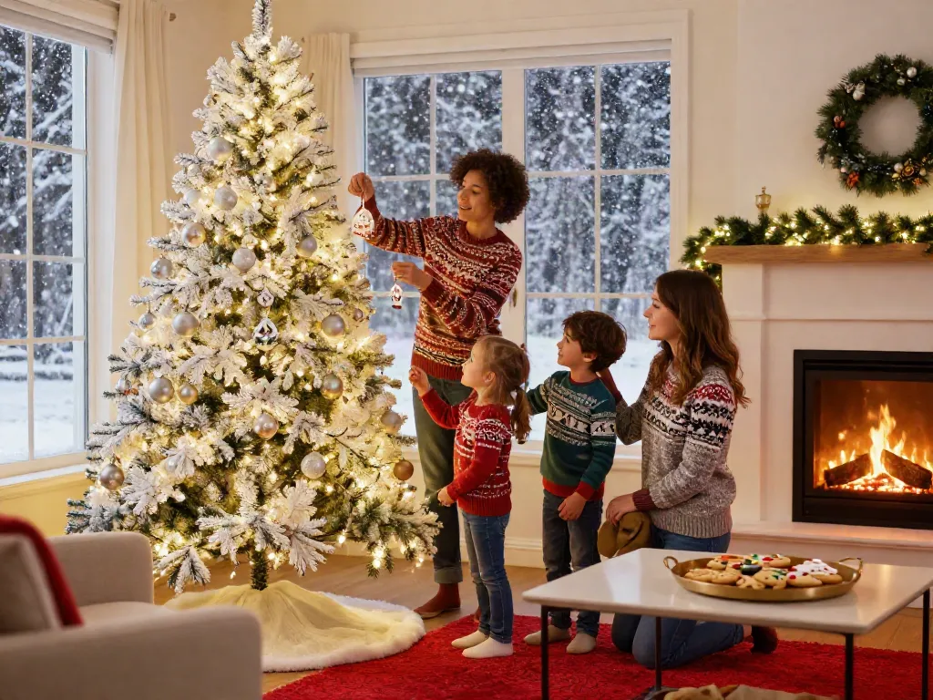 Cozy living room featuring a christmas tree with white decorations and family celebrating the holidays.