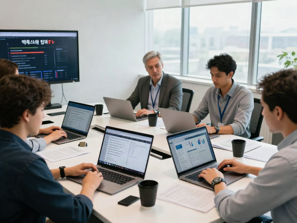 Group discussing 먹튀스팟 검증사이트 safety protocols in modern office.