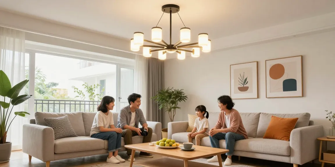 Lustra LED elegantă iluminând un living modern, cu familie adunată.