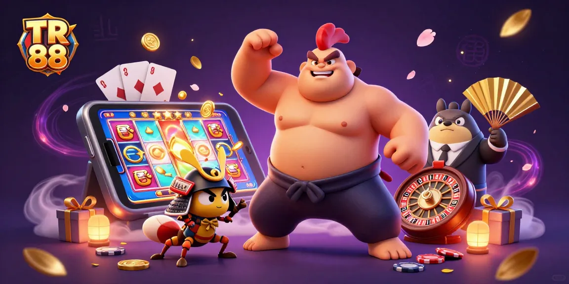 Experience thrilling gameplay at TR 88 with a powerful sumo wrestler, cricket, and tanuki in an exciting casino scene.
