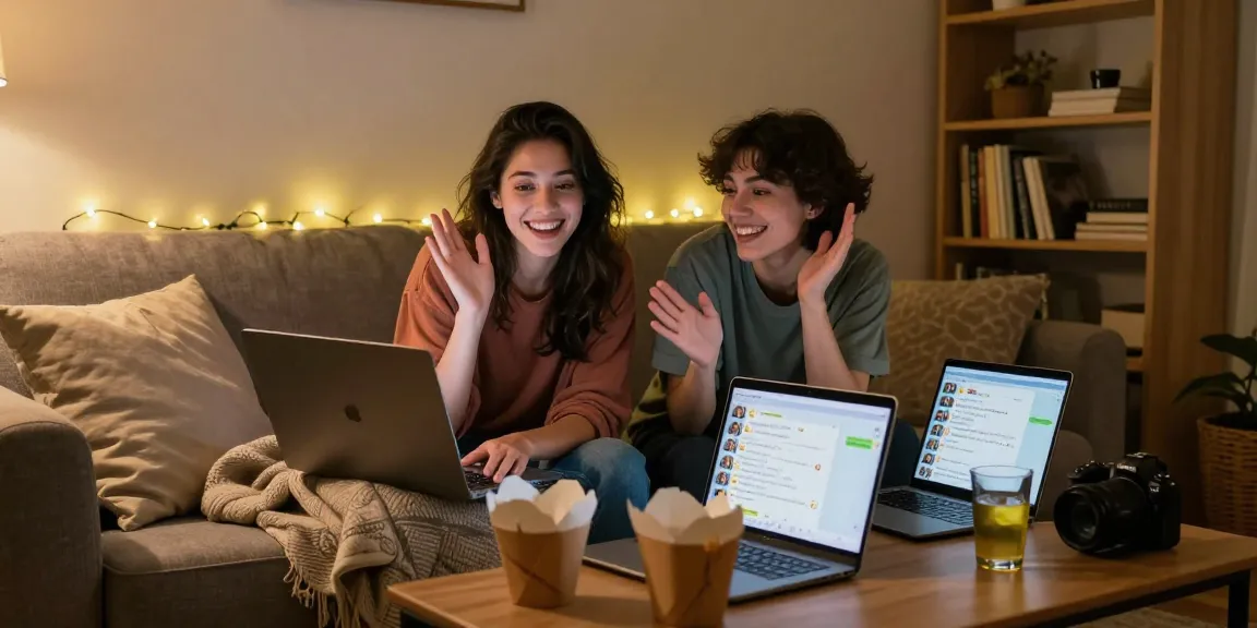 Friends enjoying a cozy evening sex chat on laptops in a warm ambiance.