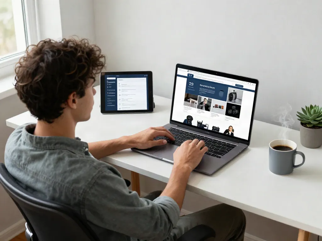Young professional engaged in e-commerce shopping on laptop in cozy home office to click now.