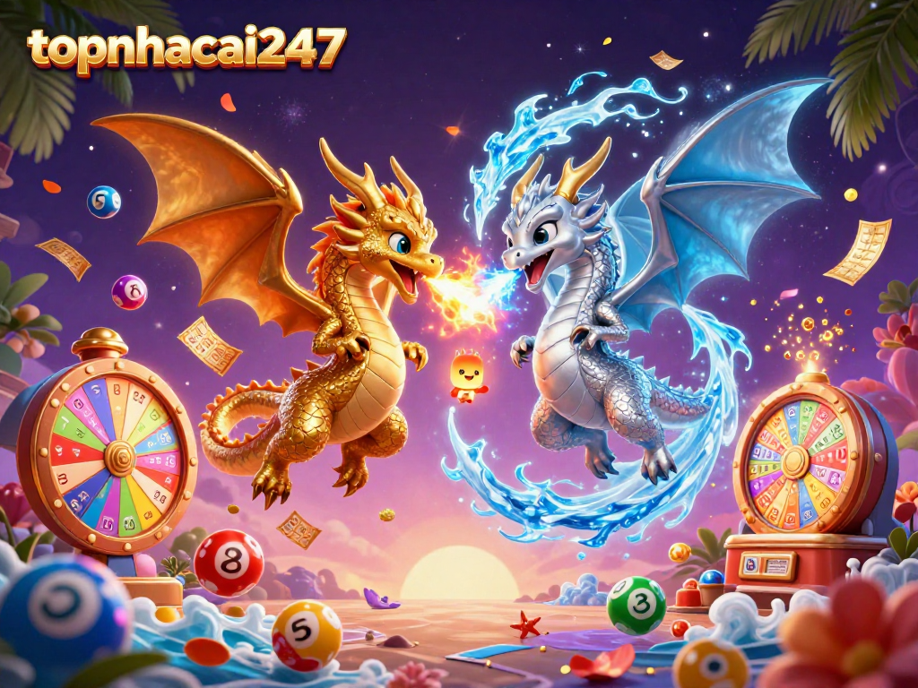 Join the excitement at topnhacai247 with dragons, vibrant lottery balls, and casino elements.