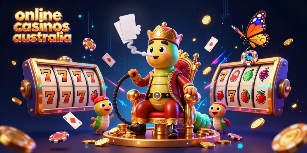 Engage with the best online casinos australia through this vibrant 3D artistic scene showcasing a hookah-master and lively gaming symbols.