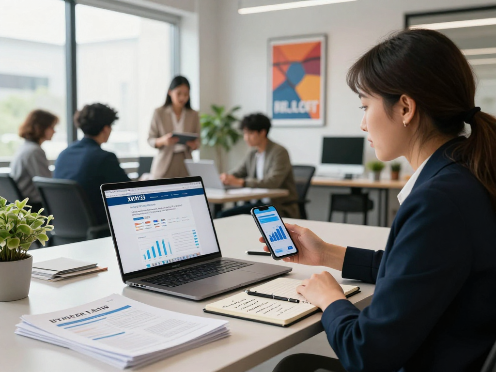Upline Income strategies in a modern workspace with XPAY33 official site displayed on laptop.