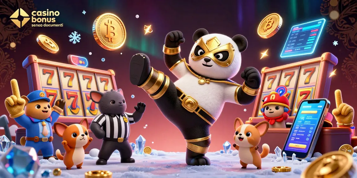Immagine animata di "casino bonus senza documenti" con panda lottatore e elementi di gioco alla moda.