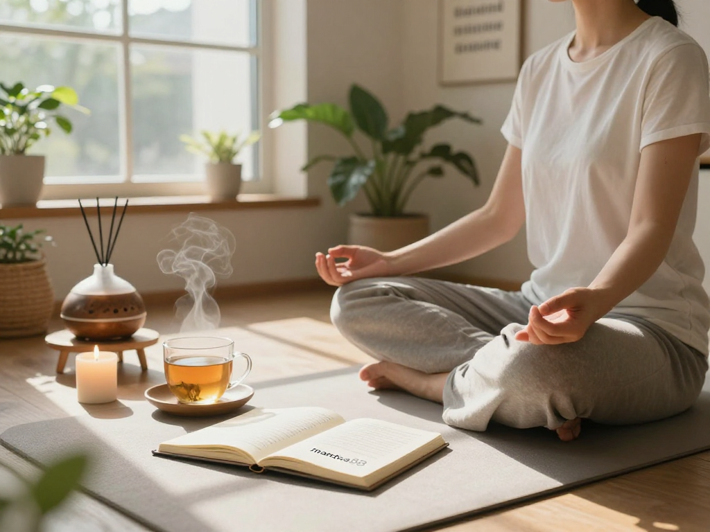 A peaceful meditation scene with the keyword mantra88 showcased on an open journal, evoking mindfulness in a cozy home.